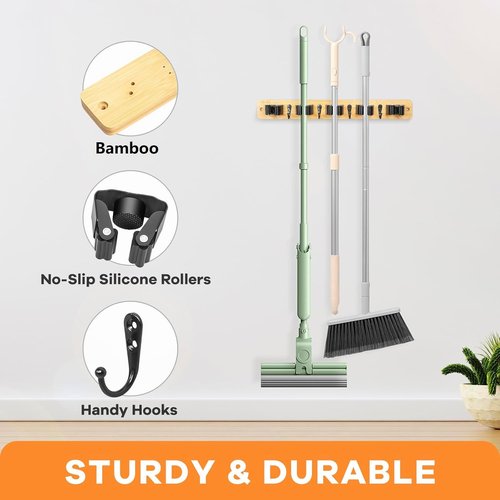 IMILLET Broom Holder Wall Mount - Bamboo Mop Organizer with 5 Racks & 4 Hooks | Ideal for Home Storage