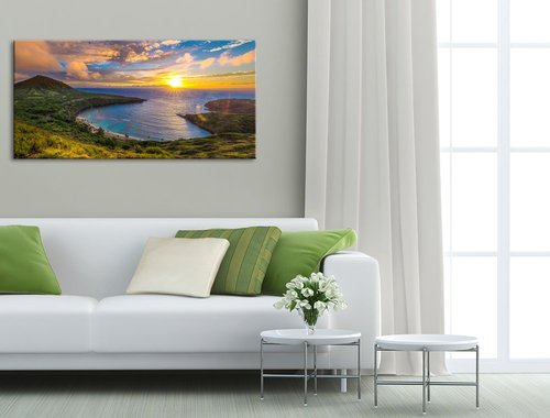 Large Canvas Wall Decorations Sunrise From Hanauma Bay On Oahu, Hawaii Landscape Printed Paintings For Living Room Framed Ready To Hang 24"X48"