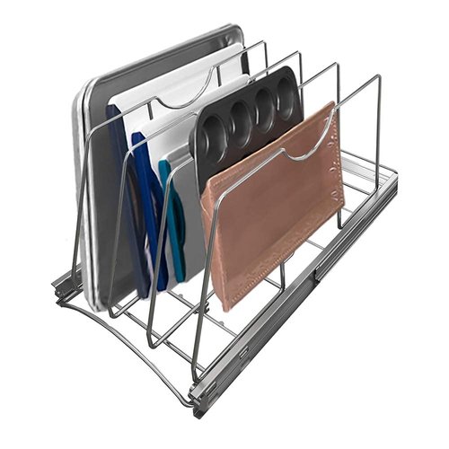 STORKING Pull Out Cookie Sheet Organizer for Cabinet, Pan and Pot Rack, Cutting Board Organizer Rack, Baking Tray Organizer for Cabinet, Adjustable Divider Width, 11" W x 22" D x 11.8" H, Chrome