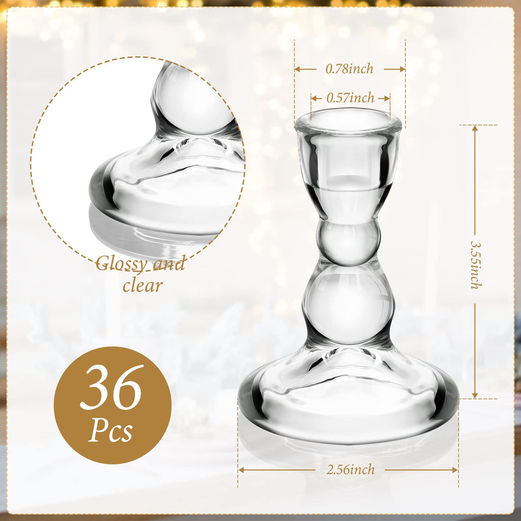 Set of 36 Clear Glass Taper Candle Stick Holders Bulk Small Tapered Pillar Candlestick Holders for Wedding Table Centerpieces Holiday Party Windowsill Decor