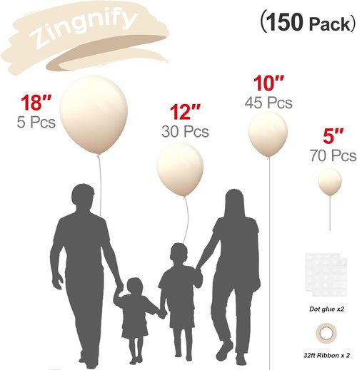 Beige Balloons by [Brand Name] - 150-Piece Pack with 18", 12", 10", & 5" Sizes for Birthday & Wedding Decor