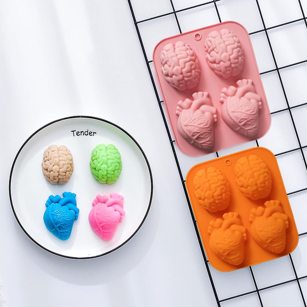 Silicone Heart and Brain Mold - 4Pcs 3D Realistic Halloween Heart and Brain Jelly Mold for Chocolate, Jelly, Pudding, Gelatin Molds