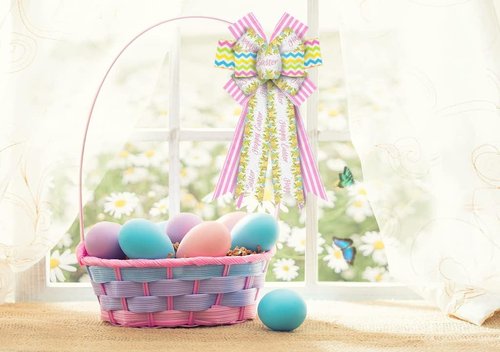 Hying Large Easter Bows - White & Pink Burlap Wreath Bows with Eggs & Leaves | Perfect Spring Decorations