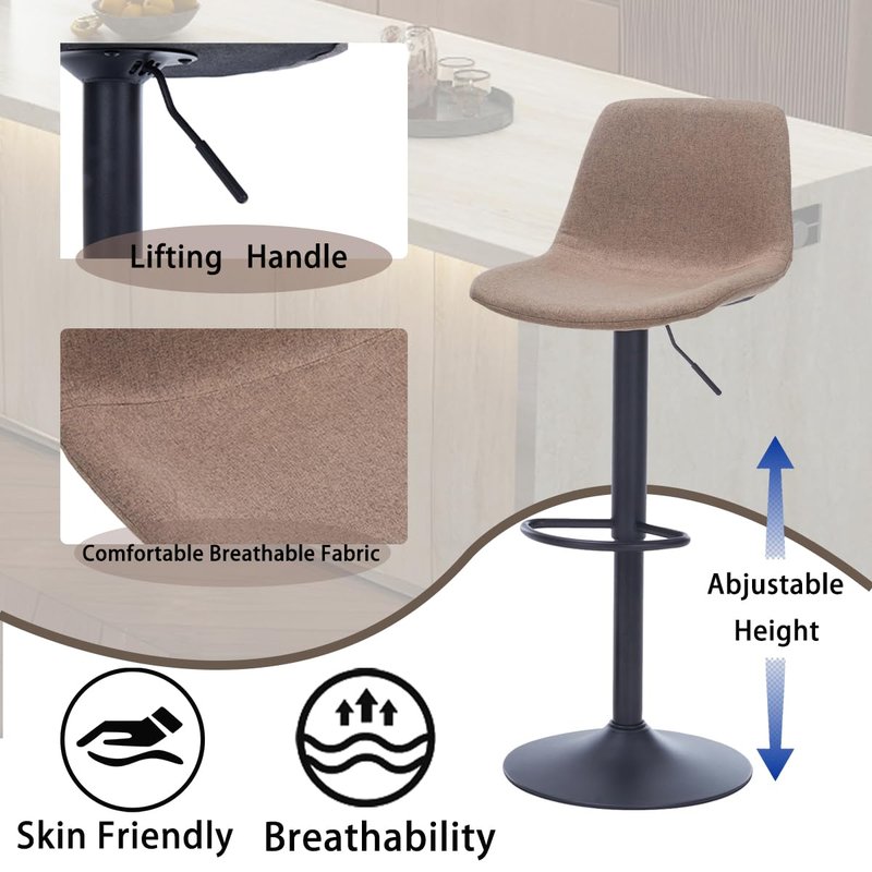 Whiterye Adjustable Swivel Bar Stools Set of 2, Modern Fabric Upholstered Barstools with Backs, Seat Adjustable Height 22-31IN, Bar Chairs with Foam Padded, Stools for Kitchen Counter (Brown).