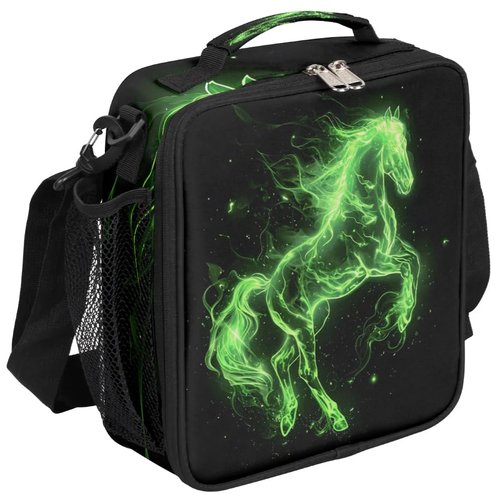Pardick Lunch Box for Kids Boys Girls Green Fire Horse Kids Lunch Bag Insulated Lunch Bag Tote with Adjustable Shoulder Strap Teens Lunchbox Cooler School Picnic