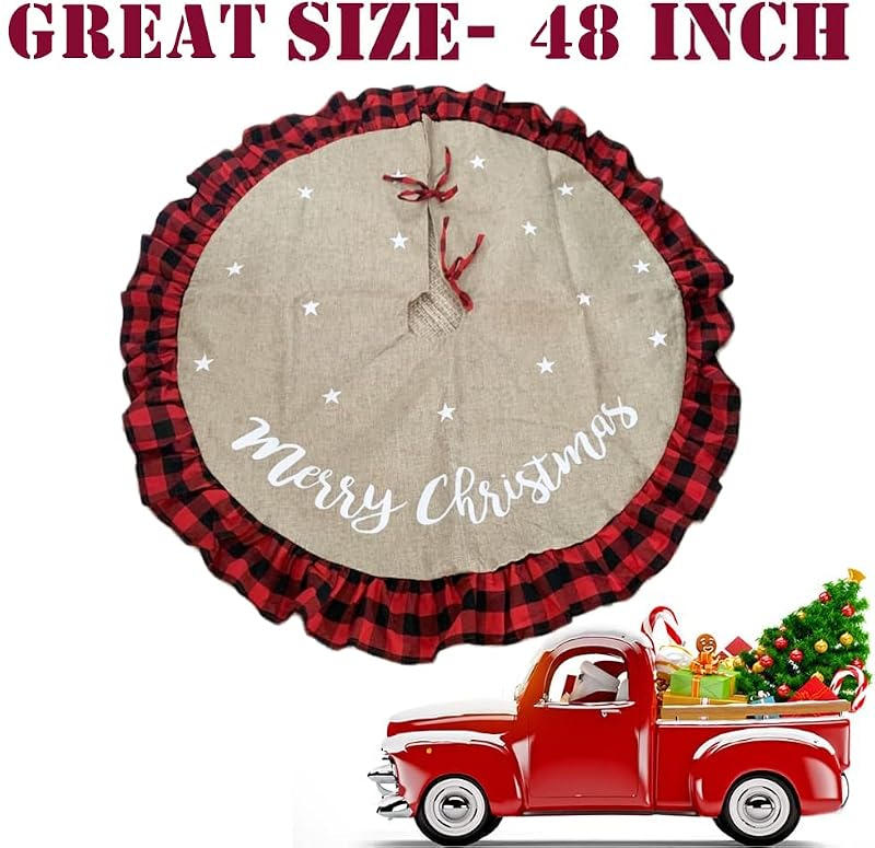48-Inch Christmas Tree Skirt - Linen Burlap with Red Buffalo Plaid Border