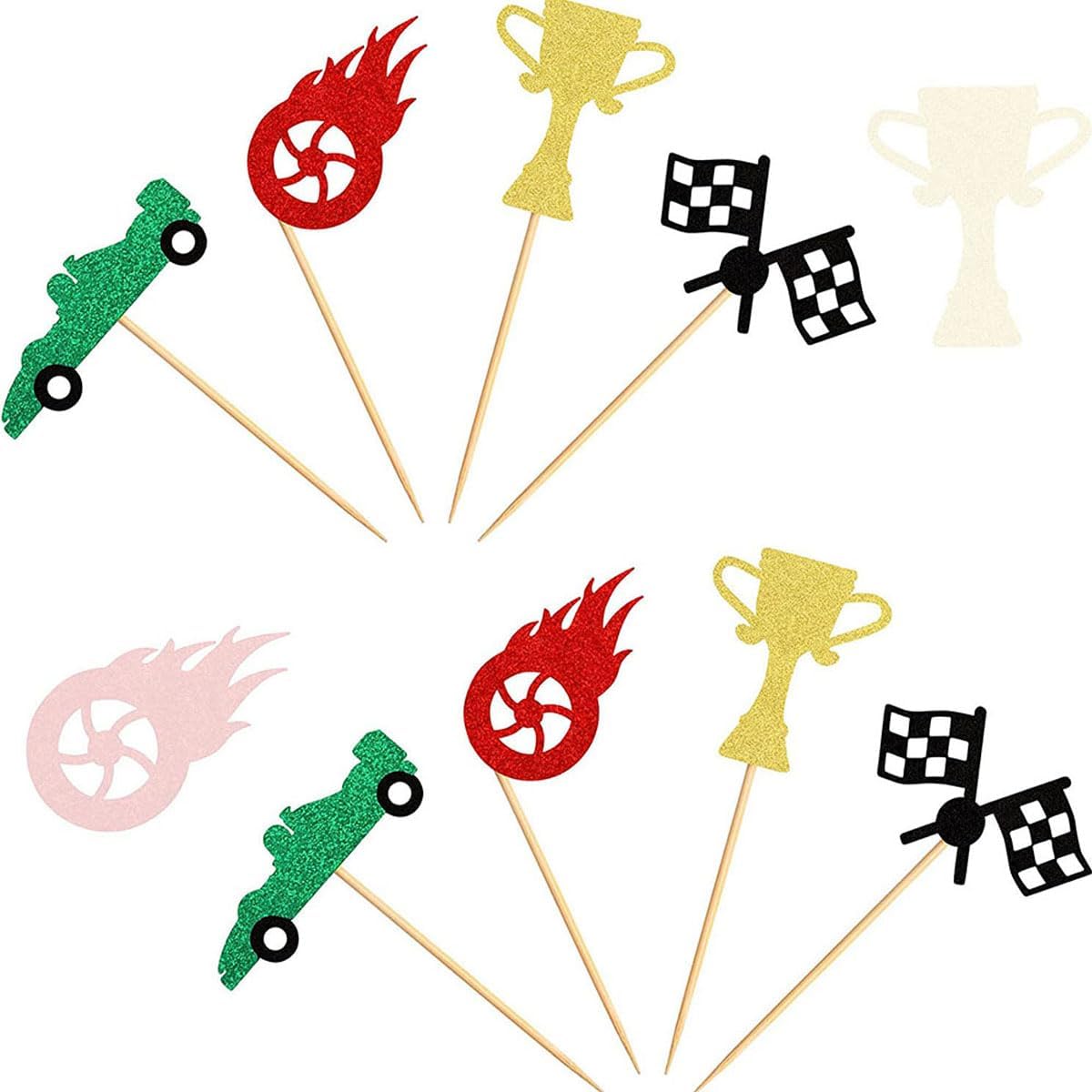 Regine Switzerland Race Car Cupcake Toppers - 24Pcs Glitter Trophy Flags & Wheels for Sports Theme Parties