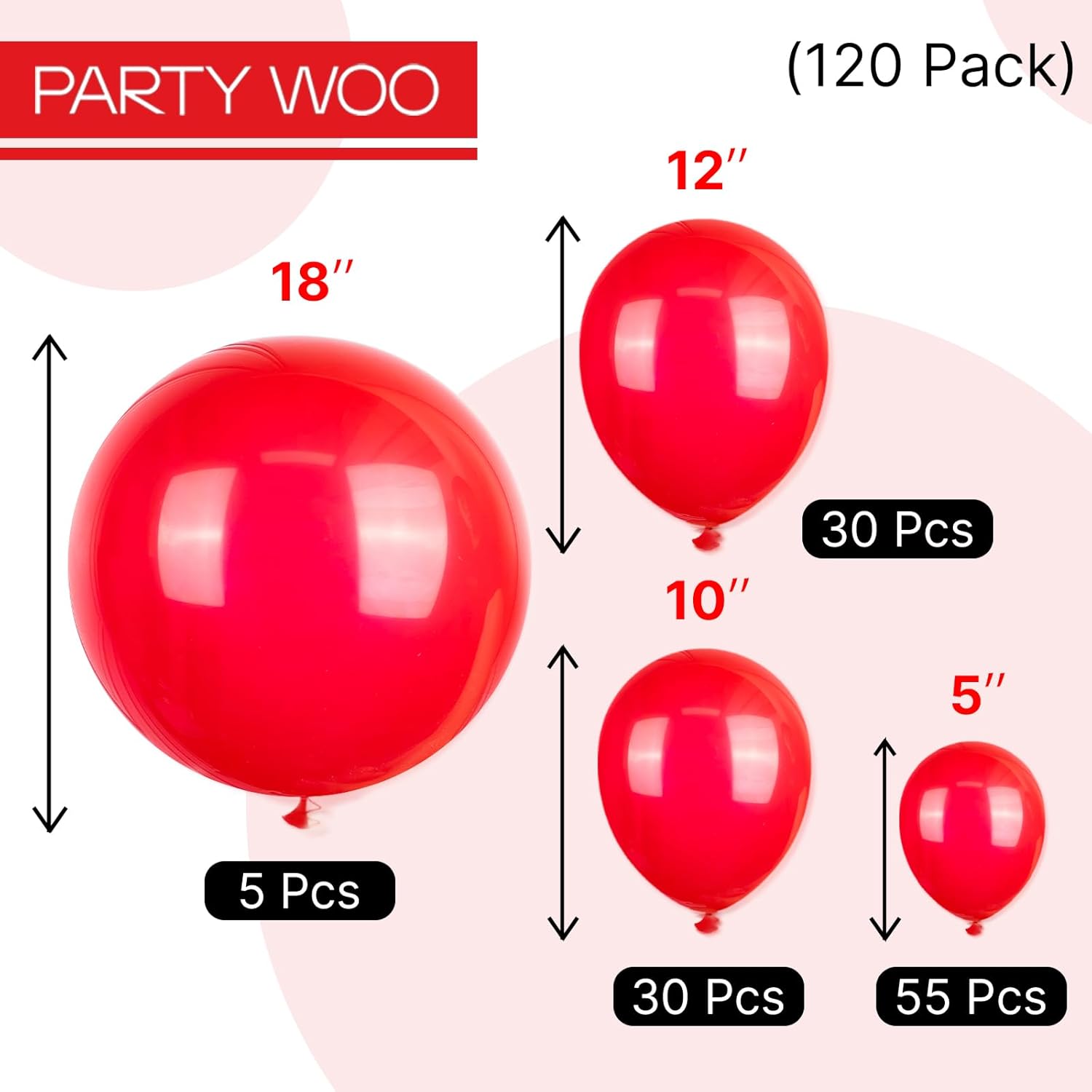 PartyWoo Red Balloons - 120-Piece Arch Kit with 18", 12", 10", & 5" Sizes for Birthday & Graduation Celebrations
