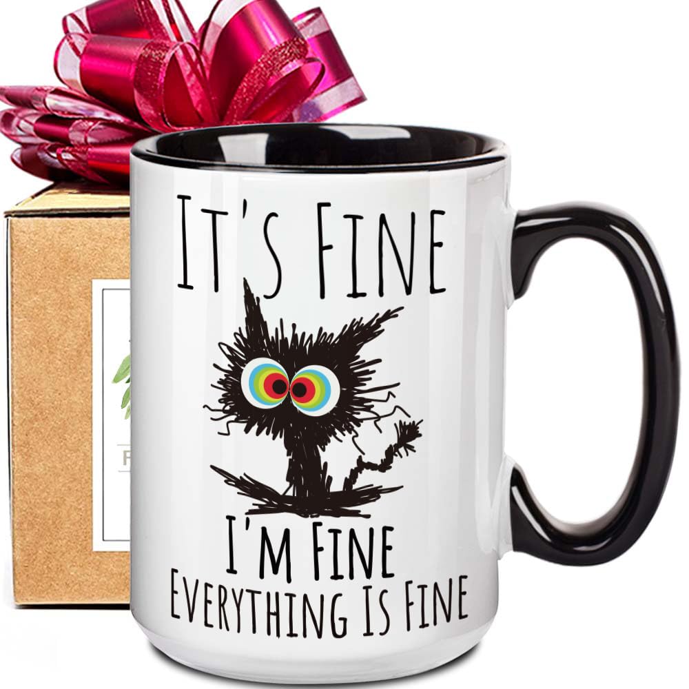 FALJIOK I'm Fine Everything is Fine Coffee Mug 15oz Funny Sarcastic Cat Mug Gifts for Cats Lover Novelty Mug Gifts for Cat Lover Women Mothers Day, Funny Cats Mug Gift for Coworker Manager Friend