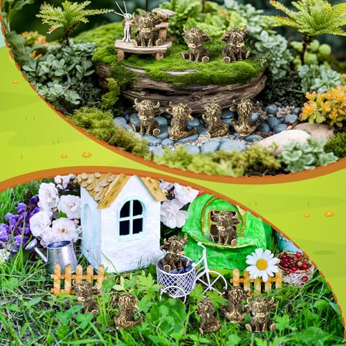 24 Pcs Mini Highland Cow Figurines, 0.59 Inch Vintage Brass Metal Statues