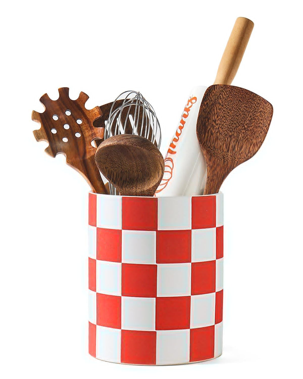 Swkien Utensil Holder, 7.2 Inch Checkered Utensil Holder, Ceramic Cooking Utensil Spoon/Spatula Holder for Countertop, Kitchen Decor and Accessories for counte(Red)