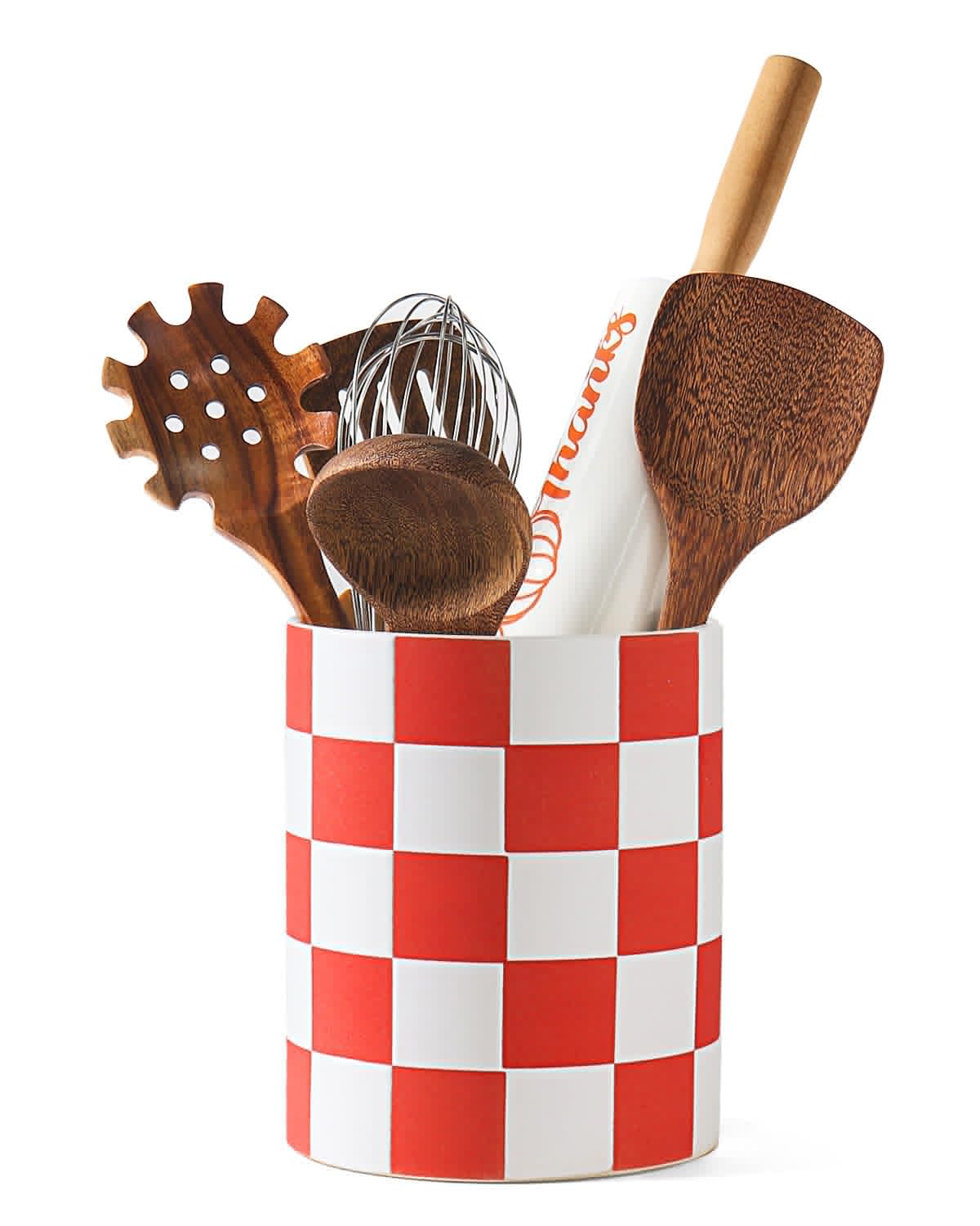 Swkien Utensil Holder, 7.2 Inch Checkered Utensil Holder, Ceramic Cooking Utensil Spoon/Spatula Holder for Countertop, Kitchen Decor and Accessories for counte(Red)