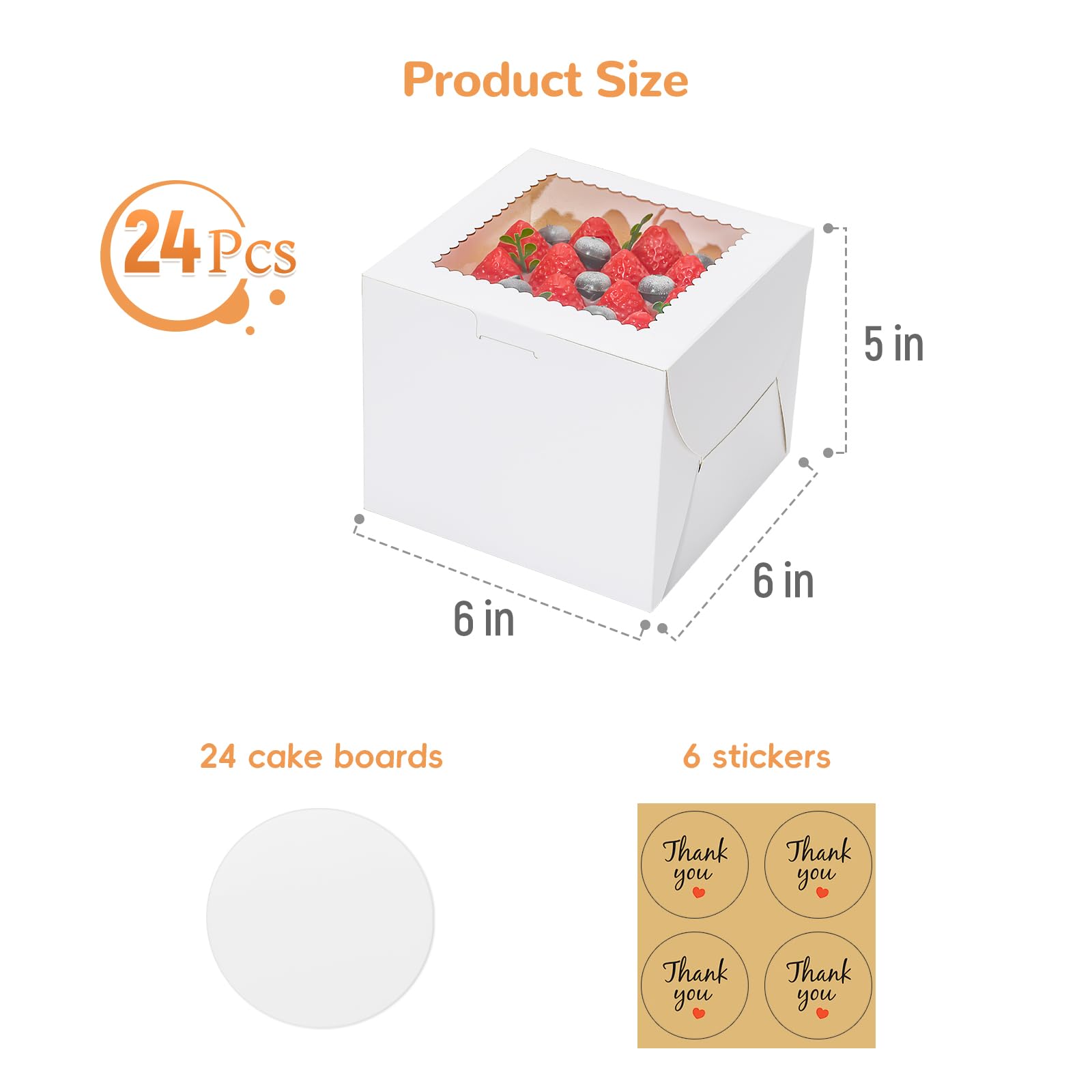 EQOREIIN Mini Cake Boxes 6 Inch with Window, 24 Set Bakery Boxes with Cake Boards & Stickers, Cupcake Box for Birthday, Party, Wedding, Mother's Day, Valentine's Day, Christmas（6x6x5 inch）