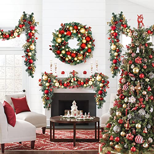 30-Inch Pre-Lit Christmas Wreath with LED Lights, Red and Gold Ornaments