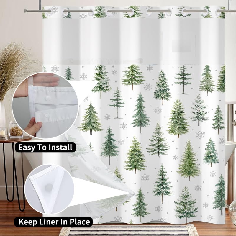 Leowefowa 71"x74" No-Hook Christmas Pine Tree Shower Curtain with Snap-In Liner, Waterproof Polyester Holiday Bath