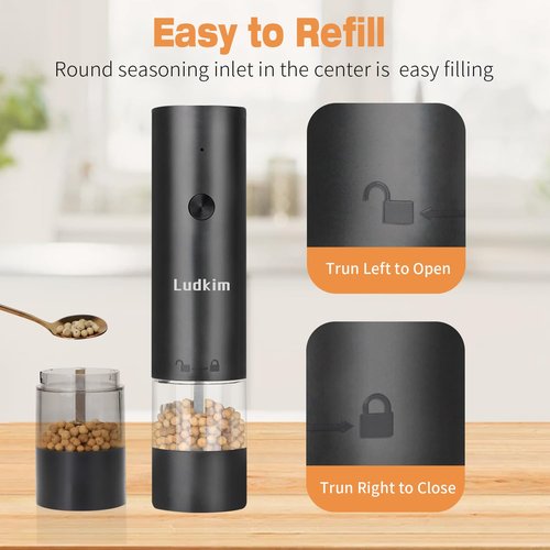 LUDKIM Electric Salt & Pepper Grinder Set- Dual Pack Rechargeable Automatic Pepper Mill with Storage Base, Adjustable Coarseness, Type-C Charging, Each 40ml Capacity for Kitchen, Travel & Gift