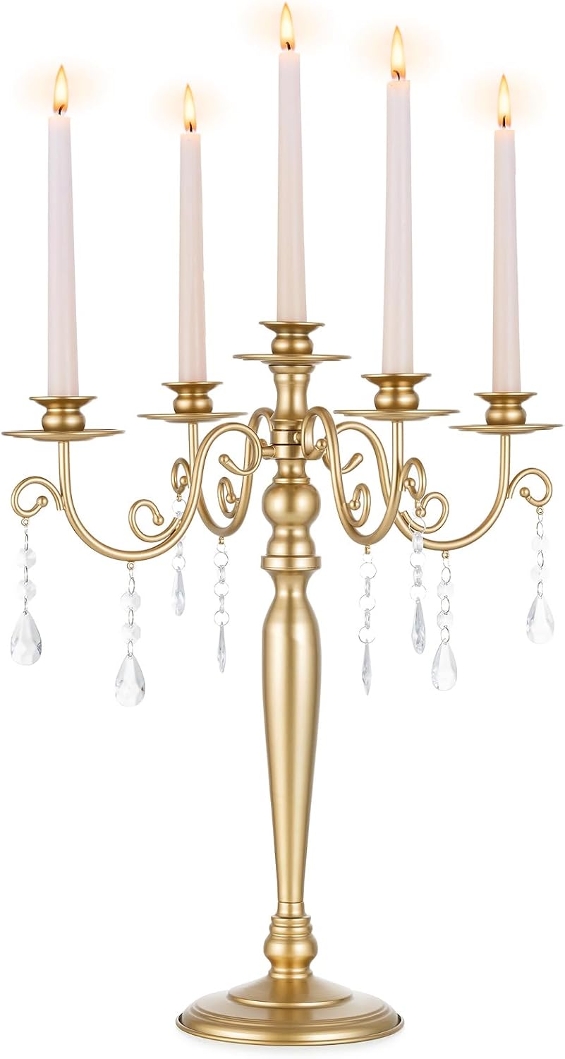 Sziqiq Gold Candelabra | 5 Arm Candle Holder - Vintage Metal Centerpiece for Weddings & Dining Tables