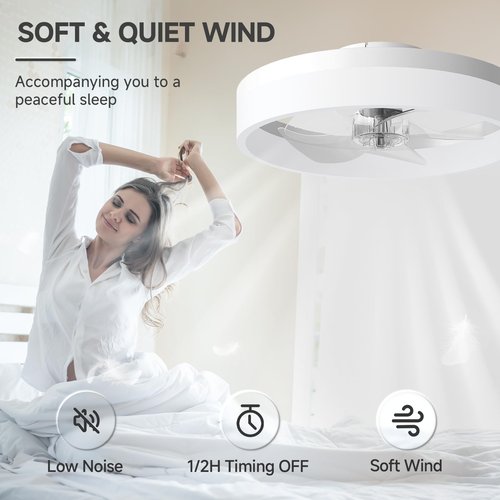 VOLISUN Low Profile Ceiling Fans with Lights and Remote, 15.7in Fandelier Ceiling Fan with Light, 3000K-6500K Dimmable Bladeless LED Fan Light, White Flush Mount Ceiling Fans with Lights for Bedroom