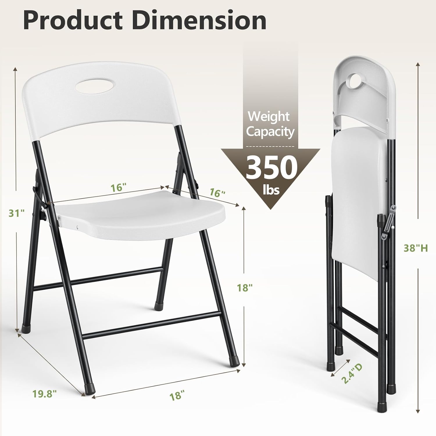Plastic Folding Chairs 4 Pack - Sturdy Metal Outdoor Seating | Heavy Duty 350 lbs Capacity, White