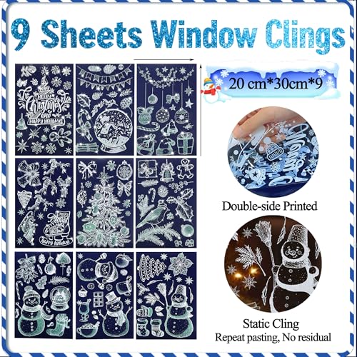 Glitter Christmas Window Clings - 9 Sheets Snowman Gingerbread Bell Window Decor
