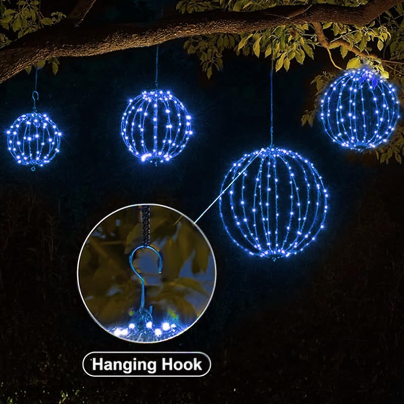 LAMPHOME 2-Pack 12in Blue Foldable Metal Sphere Christmas Lights with 16 Modes & Timer