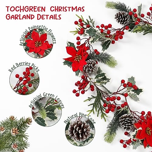 2PCS Red Berry Christmas Garland with Pine Cones & Poinsettias, 12FT Holiday Decor
