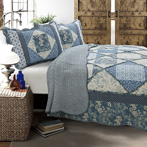 Floral Rose Garden 3-Piece Blue Vintage Cottage Patchwork Cotton Queen Reversible Quilt Bedding Set by Cozy Line Home Fashions
