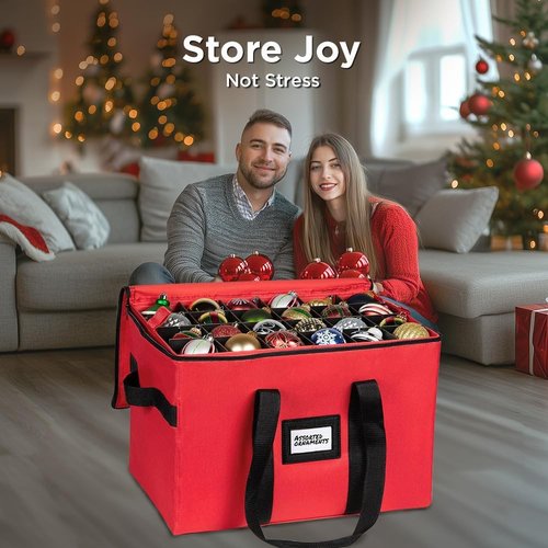Christmas Ornament Storage Container - Large Organizer Bin with Adjustable Dividers for Up to 96 Ornaments
