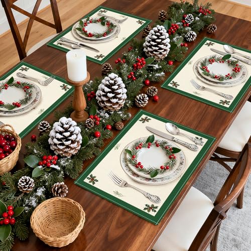 OTOSTAR Christmas Tree Green Placemats Set of 6, 12x18 Inch Holiday Table Decor