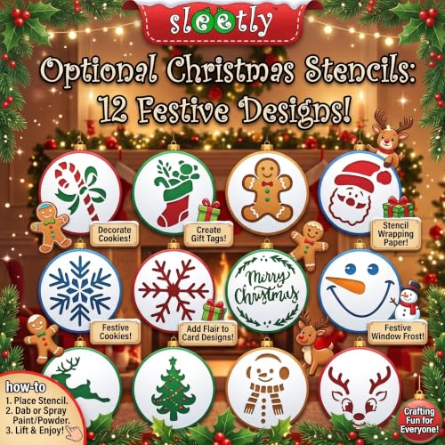 DIY Paintable Blank Christmas Ornaments Kit - 12 Flat Discs & Stencils