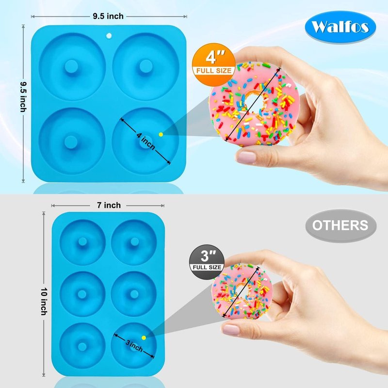 Walfos Full Size Silicone Donut Mold - 4In Donut Pan Big Size Non-Stick Donut Pan for Donut Cake Biscuit Bagels, Heat Resistant, BPA FREE and Dishwasher Safe(4Pack)