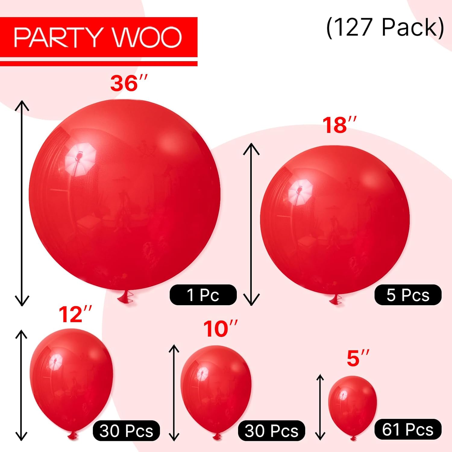 PartyWoo Red Balloon Arch Kit - 127-Piece Set with Various Sizes for Birthday & Graduation Decor