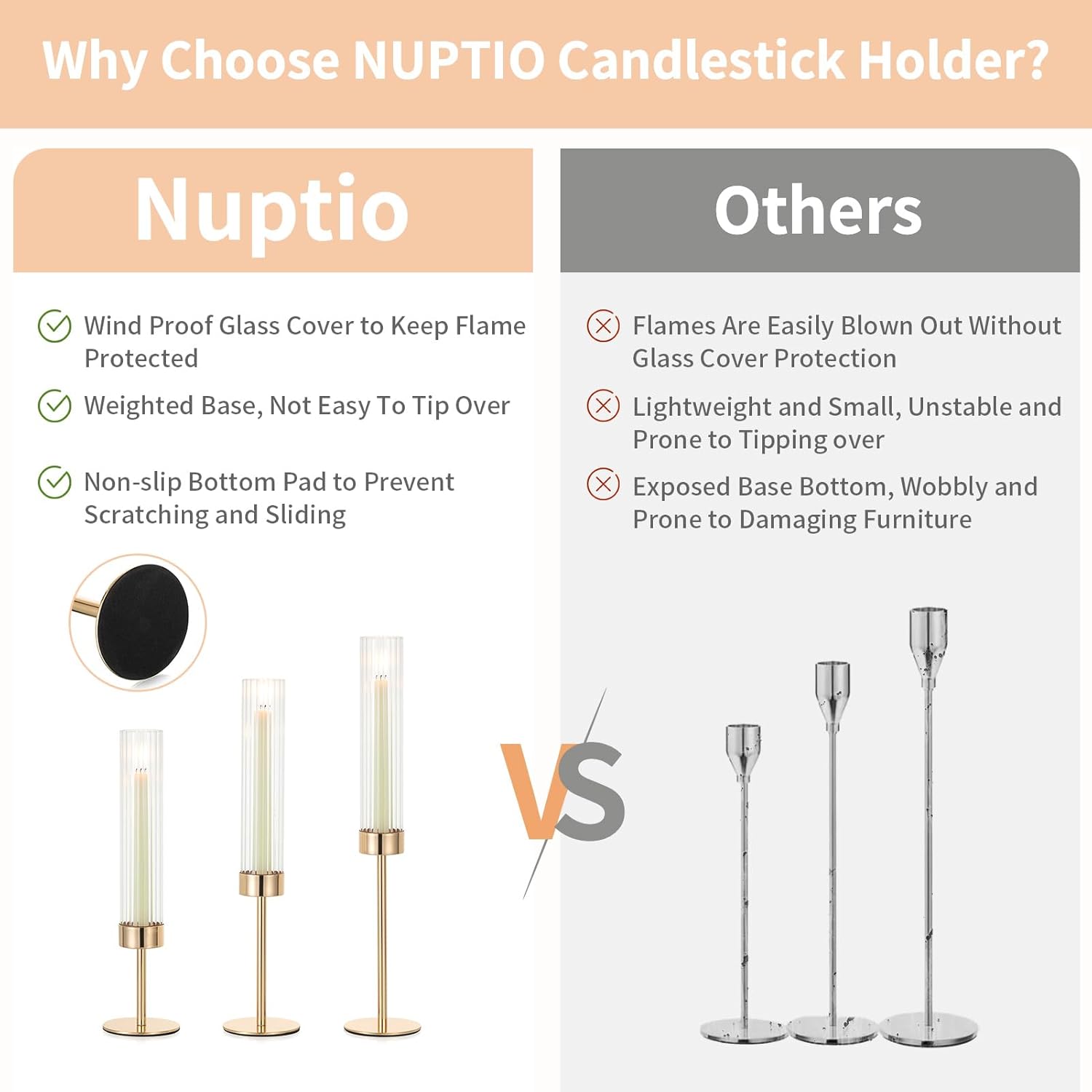 NUPTIO Tall Candlestick Holders - Elegant Hurricane Candle Holders with Ribbed Glass Sleeve | Gold Metal Set of 3 for Table & Fireplace Decor