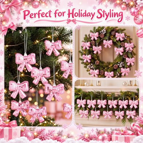 Sosation Pink Bow Christmas Ornaments Set - 12 Shimmering Holiday Decorations