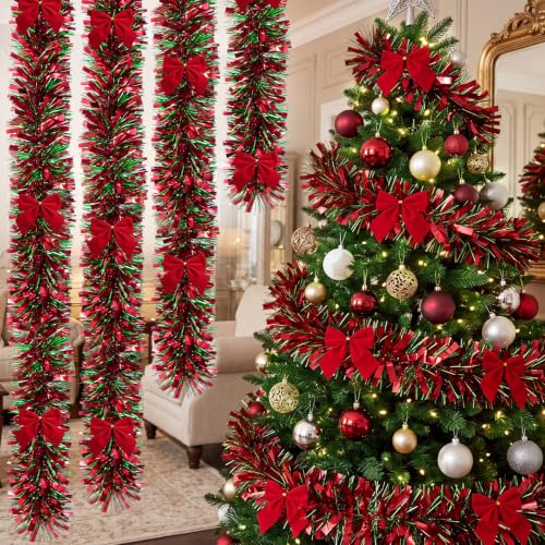 Christmas Tinsel Garland with Red Bows - 50ft Red & Green Decor - Variation of THIS listing 38