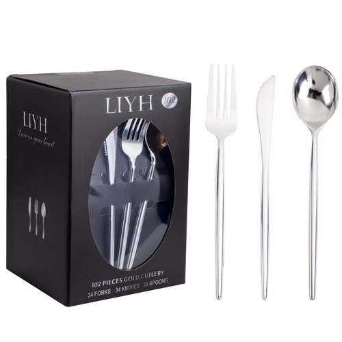 LIYH 102 Pcs Silver Plastic Silverware - Heavyduty Plastic Cutlery Set Disposable Utensils Flatware Set Knives Forks Spoons Disposable Cutlery Easter