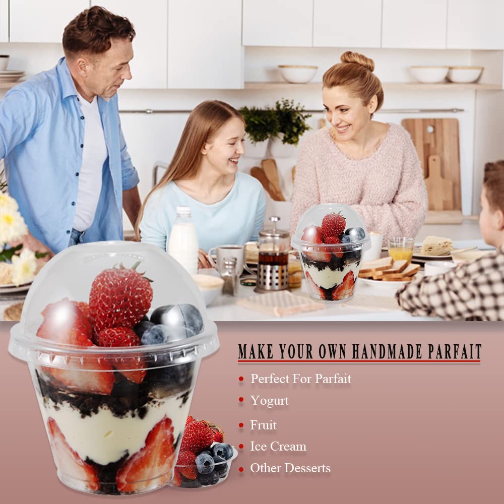 50 Sets 9 oz Clear Plastic Parfait Cups with INSERT & DOME Lids(NO HOLE) - Disposable Dessert Cups with Lids for Kids, Dips Snacks and Veggies, Fruit Yogurt Smoothie Iced Cold Drinks, No Leaking