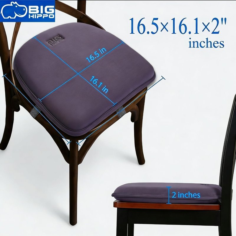 Big Hippo Memory Foam Chair Cushion for Dining & Office Chairs – Extra Thick Seat Pad with Non-Slip Back & Adjustable Straps, Fully Washable, Pressure Relief for Tailbone & Sciatica Pain (Grey, 1 Pc)