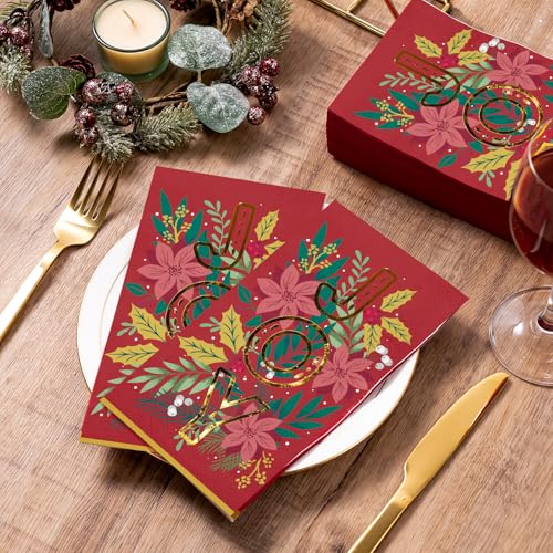 Wrapaholic 50-Pack Joy and Flower Christmas Disposable Napkins 3-Ply, 4.3 x 7.9 Inches