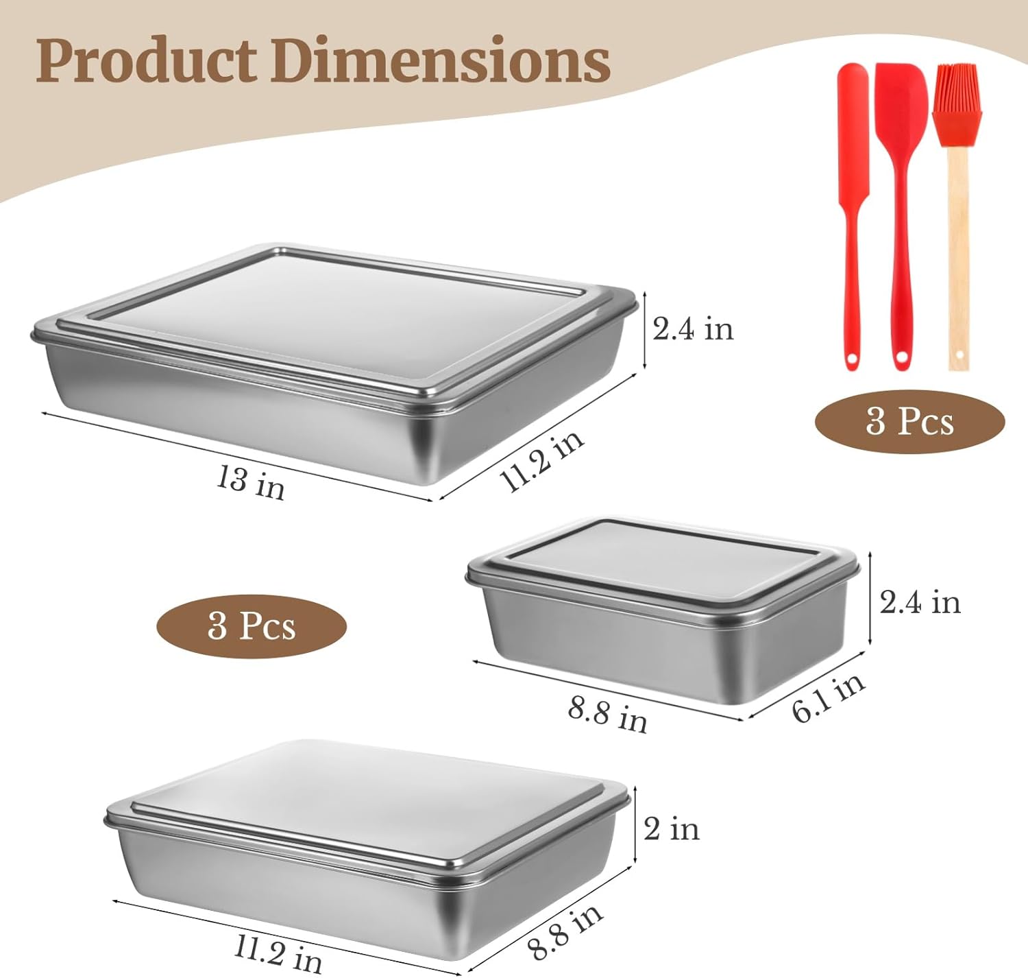 Skiennix Stainless Steel Cake Pan Set - 3 Pcs Non-Stick Baking Pans with Lids | 13/11/9 Inch Sizes