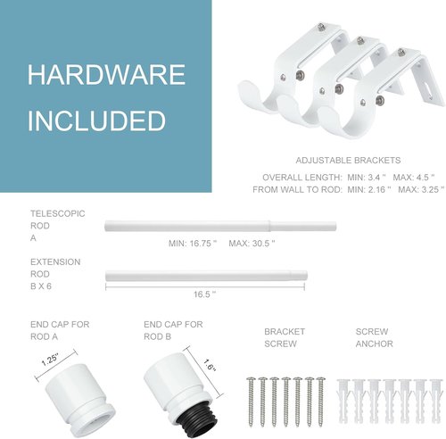 Byondeth Adjustable Curtain Rods - 16 to 120 Inches, 1 Inch Diameter, White with Aluminum End Caps