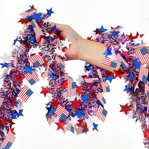 4th of July Patriotic Star Tinsel Garland - 50ft Red White & Blue Decor