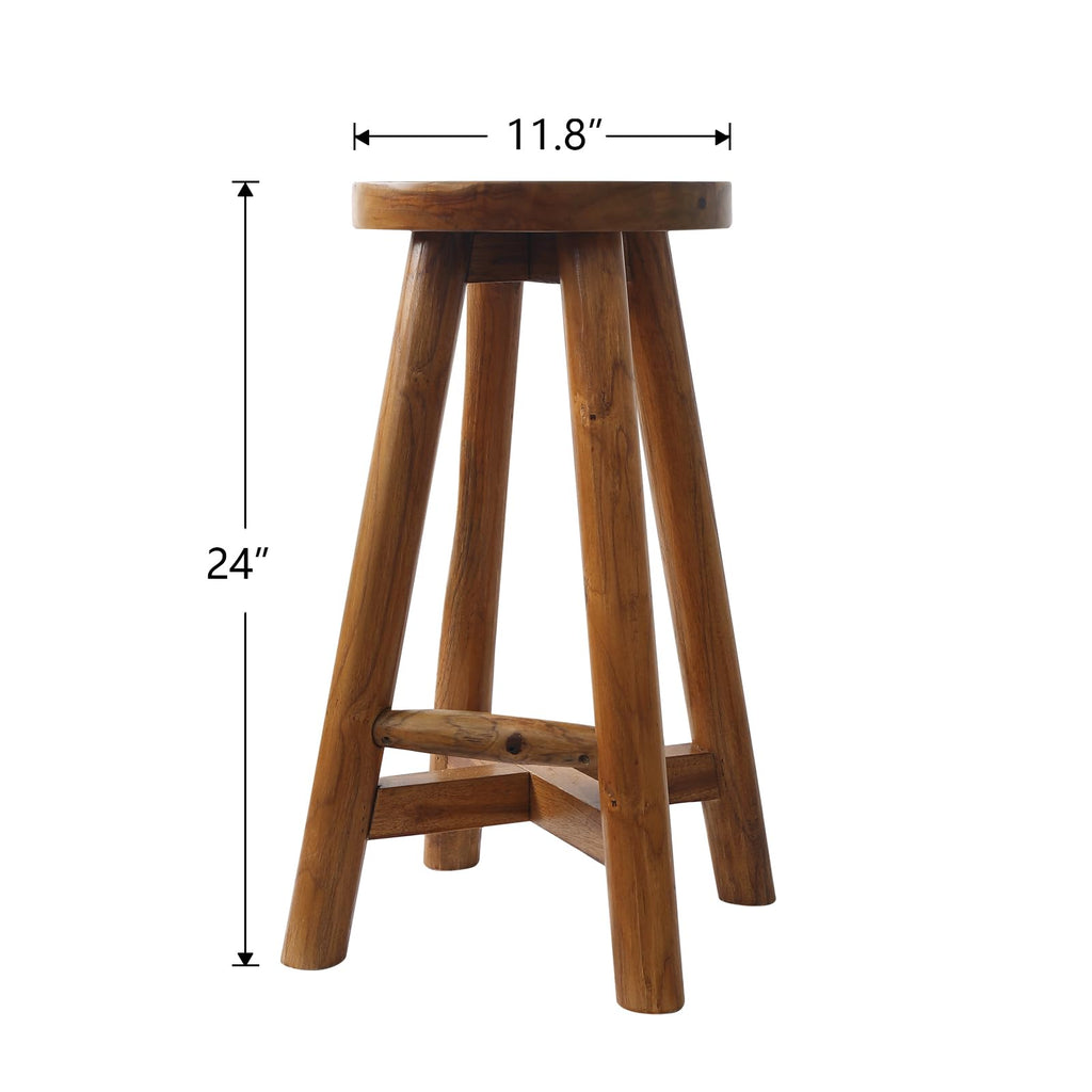JOLLYMER Solid Teak Wood Barstool with Round Seat for Kitchen Counter, Home Bar Furniture, 24-Inch Height