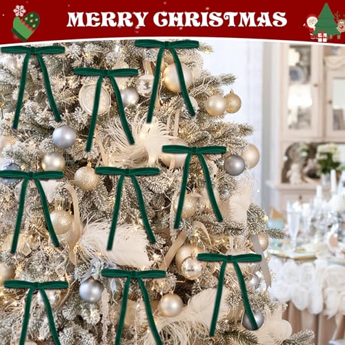 Babycop Dark Green Velvet Bows for Christmas Tree - 24 Pack Holiday Ornaments