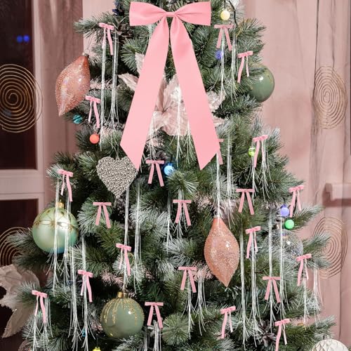 Pink Christmas Tree Decor Set with Velvet Bows, Tree Topper & Silver Icicles
