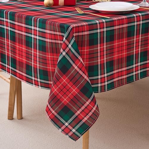 VEDACHIC Christmas 52x70 Inch Tablecloth Rectangular Red Green Plaid Polyester Waterproof