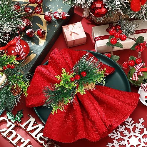 Geiserailie 12 Pcs Christmas Napkin Ring Holders, Wreath Style, Green Red (Green Leaves & Red Fruit)