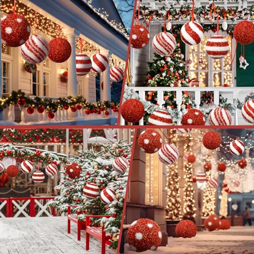 Chunful 6 Pc Jumbo 6 Inch Candy Christmas Ball Ornaments - Red & White, Glitter Tinsel