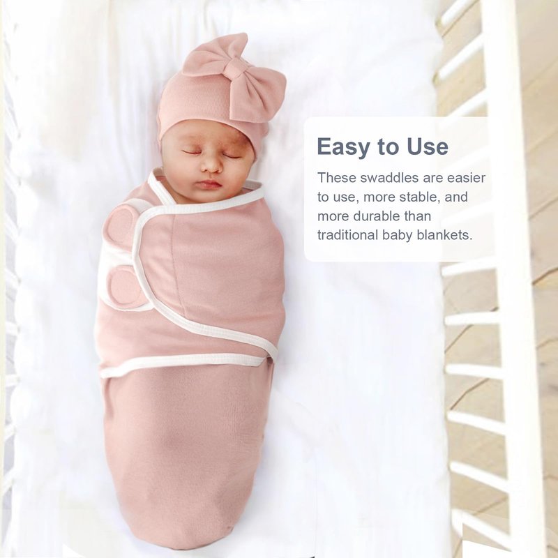 DRESHOW BQUBO 3 Pack Newborn Baby Swaddle Blanket with Hats Infant Adjustable Swaddling Wraps with Bear Ears Cap for 6-12 Lbs Newborns & 0-3 Months Girls Boys