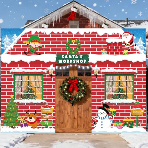Large Christmas Santa Door Decorations Set - Red Brick Workshop Banner for Holiday Festivities